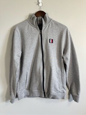 Tommy Hilfiger Light Grey Full-Zip Sweater with Logo Patch